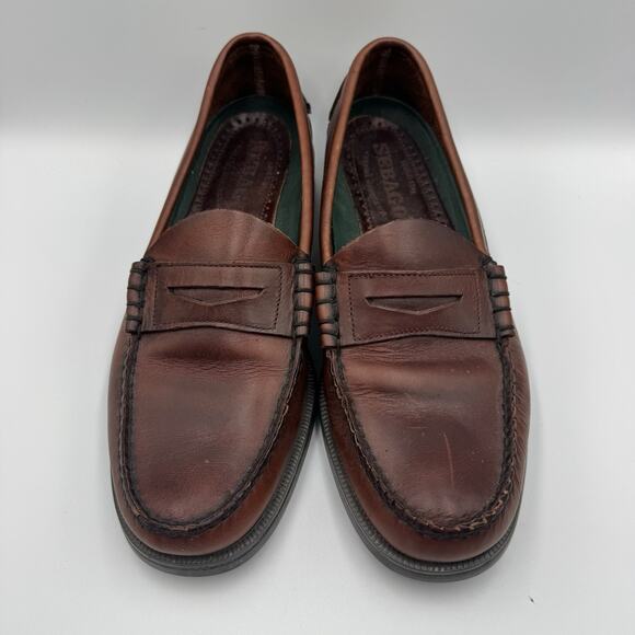 Sebago Men’s Moc Toe Rubber Sole Brown Leather Penny Loafers Size 10 - Picture 1 of 6